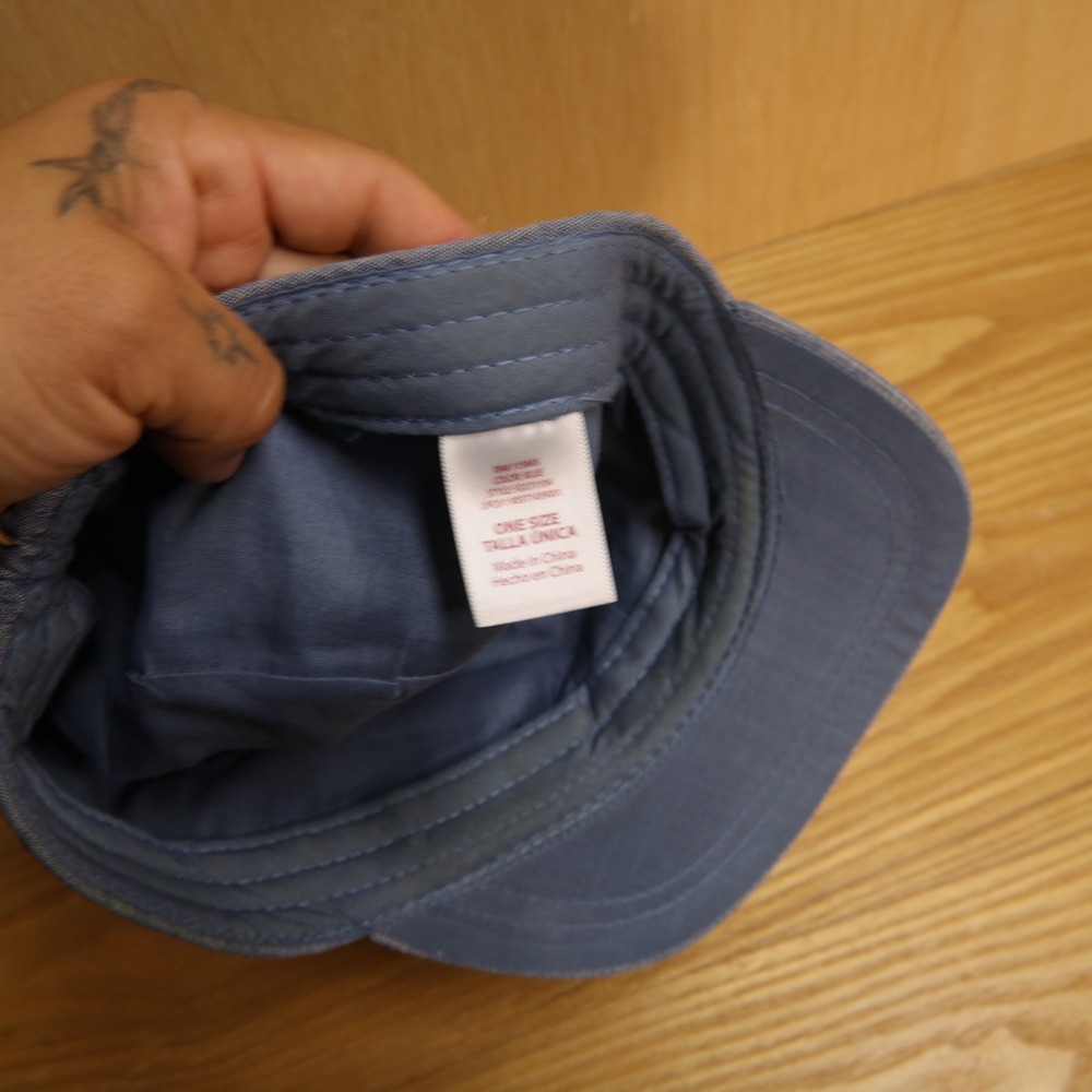 Womens Blue Chambray Cadet Cap Beaded Floral Medallion Military Style Hat OS - Picture 4 of 4